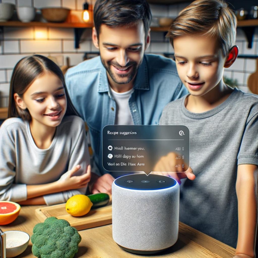 A family interacting with a voice-activated home hub in their kitchen
