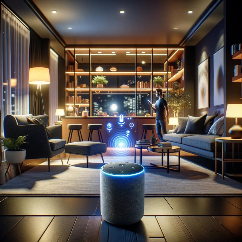 A modern living room at night, featuring a voice-controlled lighting system. The room is illuminated with various smart LED light