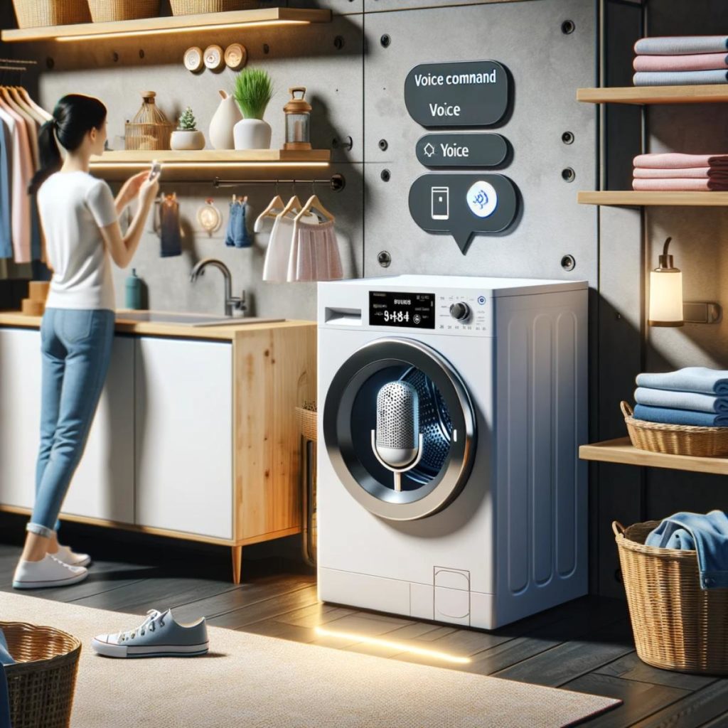 A voice-controlled washing machine in a modern laundry room