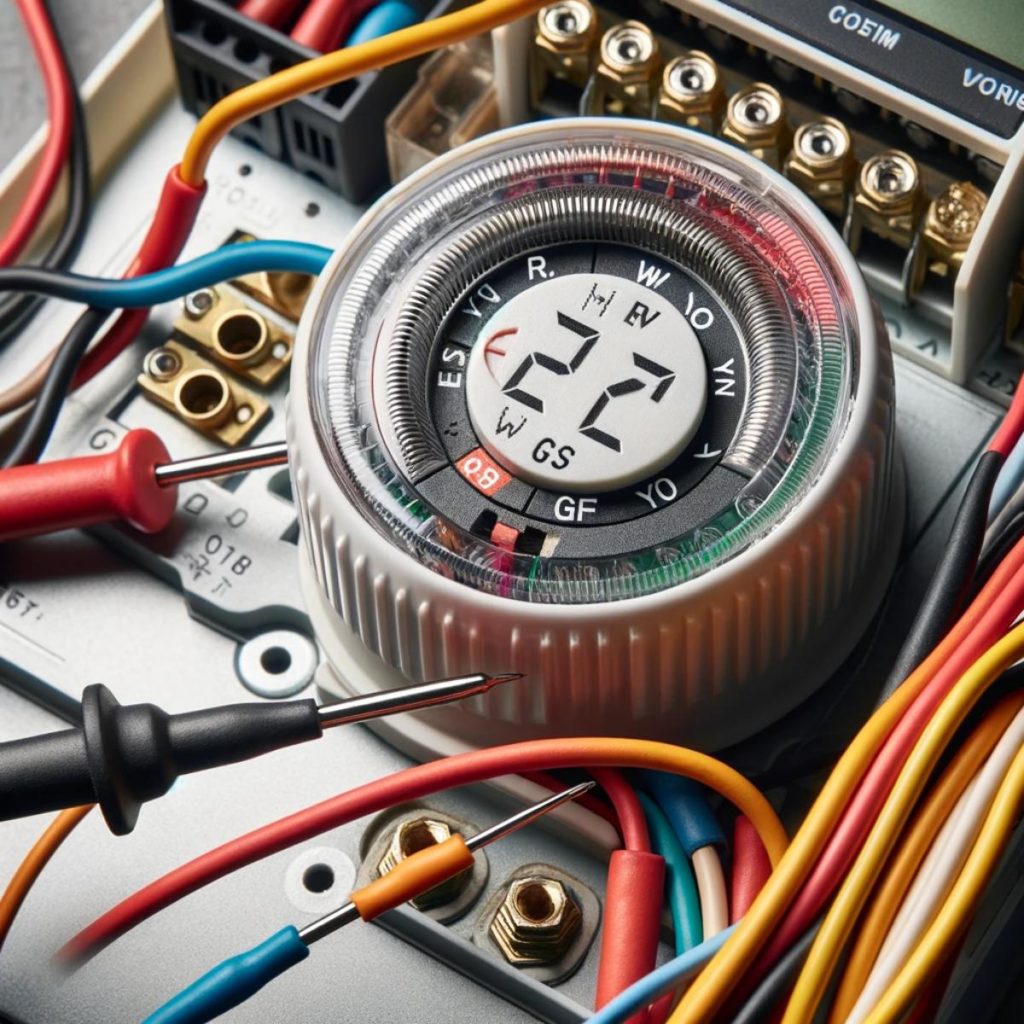 An open thermostat with visible colored wires, labels, and a multimeter testing the connections