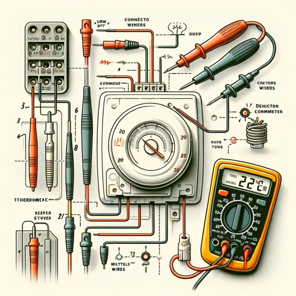 Diagram showing the process of testing thermostat wires with a multimeter